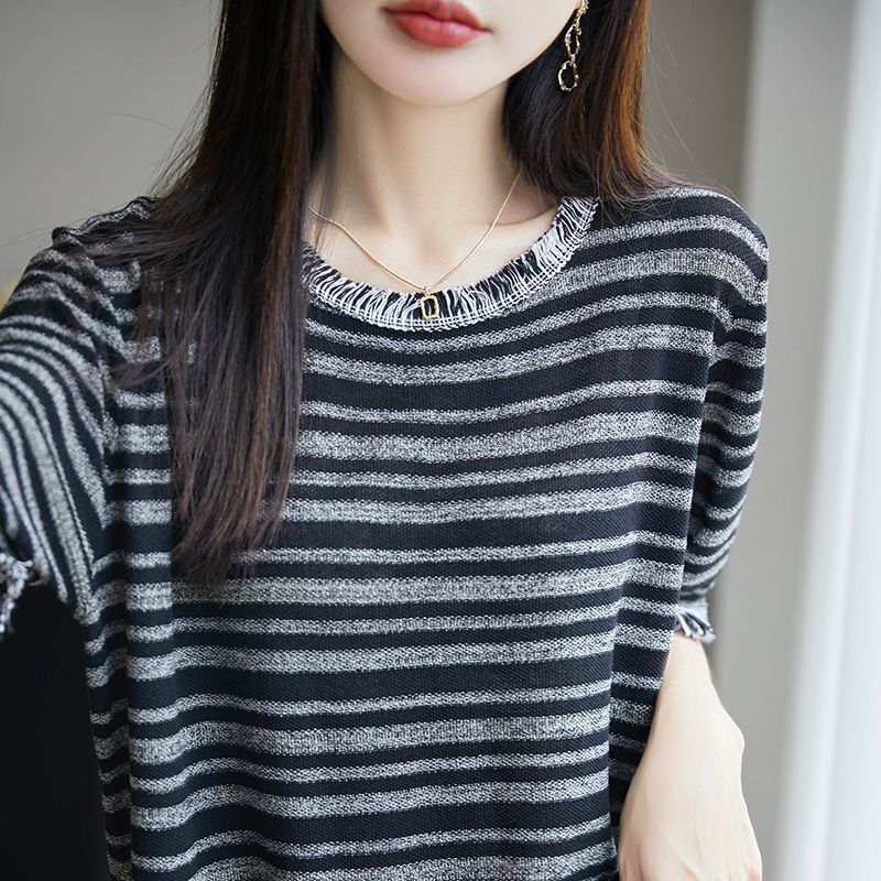 Retro Fashion Design Round Neck Striped Fringe Short-Sleeve T-Shirt for Women Versatile Casual Top for Petite Figures Retro Fashion Design Round Neck Striped Fringe Short-Sleeve T-Shirt for Women Versatile Casual Top for Petite Figures
