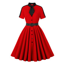 Vintage50s赫本风撞色衬衣领波点复古大摆蓬蓬显瘦短袖连衣裙9093