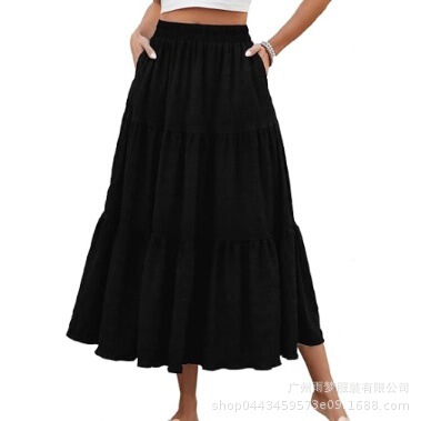 Foreign Trade Women's Summer Bohemian Pleated A- line Elegant Swing Layered Long Skirt with Pocket