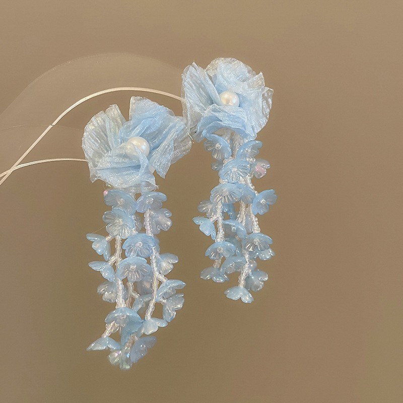 Pendientes de borla de flores de gasa de aguja de plata Pendientes de dopamina de bosque dulce Pendientes de todo fósforo de tendencia de nicho Mujeres al por mayor