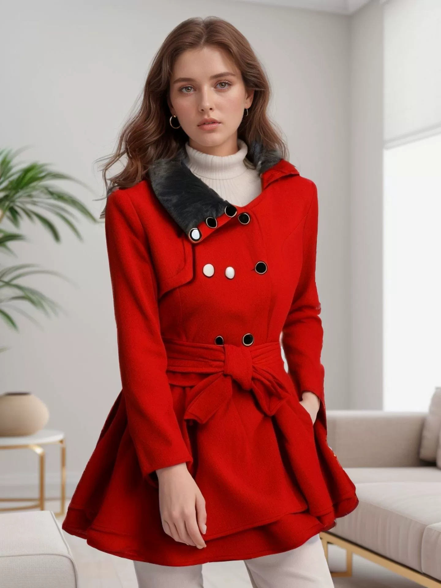 Плащ из шерсти с поясом, Slim Fit, средняя длина, в нескольких размерах (азиатский/европейский)