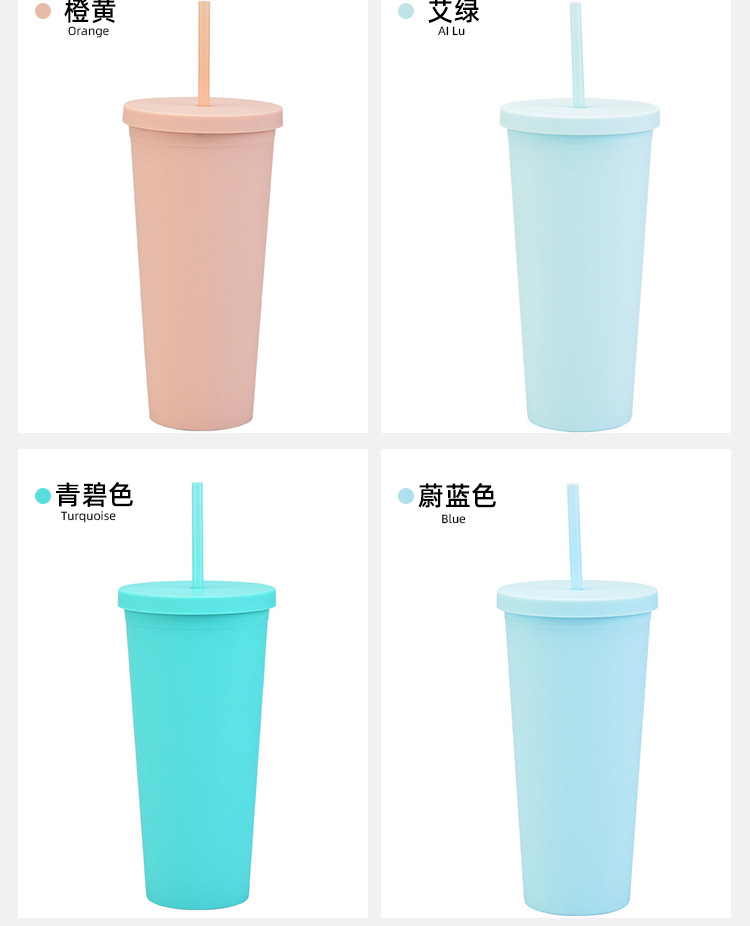 Grey, White, Pink, Purple, Red, Green, Blue, Yellow, Black Color Double-layer Plastic Straw Cup With Lid 24oz Large-capacity Plastic Frosted Ready-to-hand Water Cup