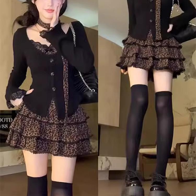 改良款，下单前请看实物欲甜辣妹套装裙女早秋季假两件蕾丝豹纹上|undefined