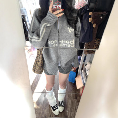 oversize！棒球风翻领拉链毛衣开衫女外套秋装新款韩版宽松针织衫