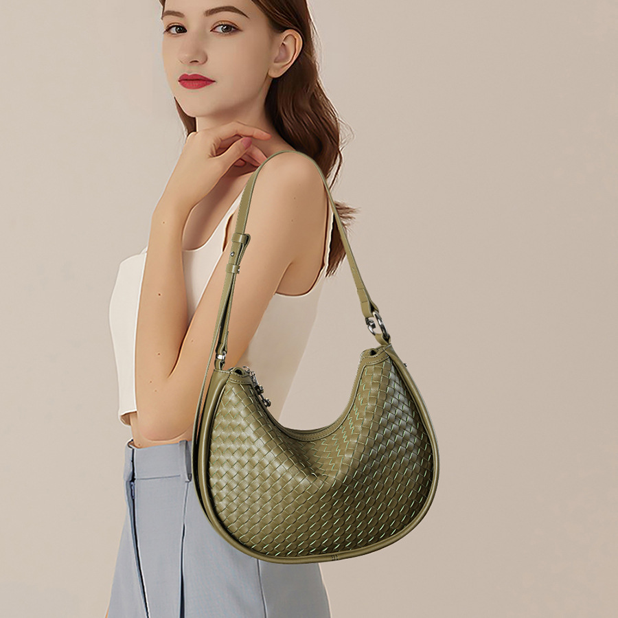 Underarm Crescent Bag Genuine Leather Large Capacity Shoulder Bag For Women Professional Commuter Hand-Woven Handbag - Thumbnail 2
