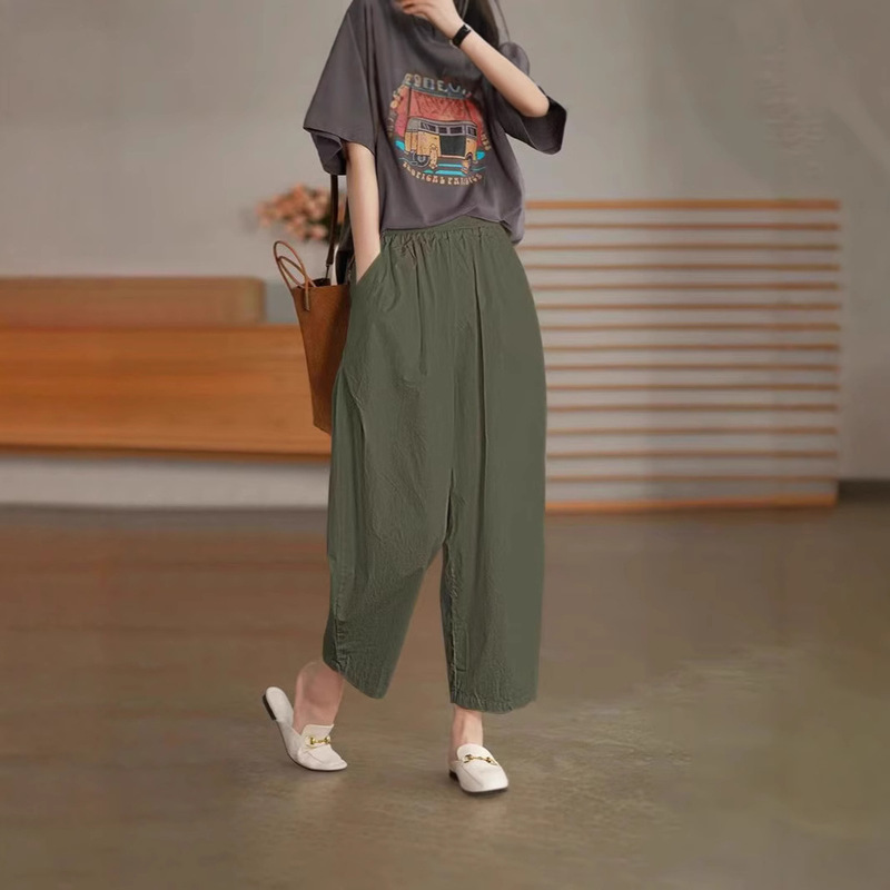 2026 New Large Size Pure Cotton and Linen Cropped Pants for Women, Summer New Stylish Loose High-Waisted Straight-Leg Pants for Women