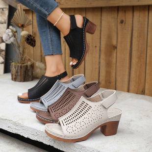 Foreign Trade European and American Large Size High-Heeled Sandals Summer New Hollow Fish Mouth Shoes Thick Heel Breathable Sexy Sandals