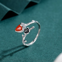 出芽玫瑰戒指女泰银做旧南红玛瑙玫瑰戒面指环复古花草纹路饰品