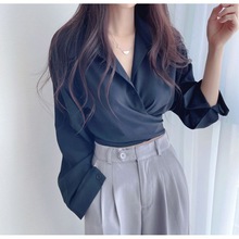 韩国chic春秋减龄复古小众设计感气质收腰显瘦系带单排扣短款衬衫