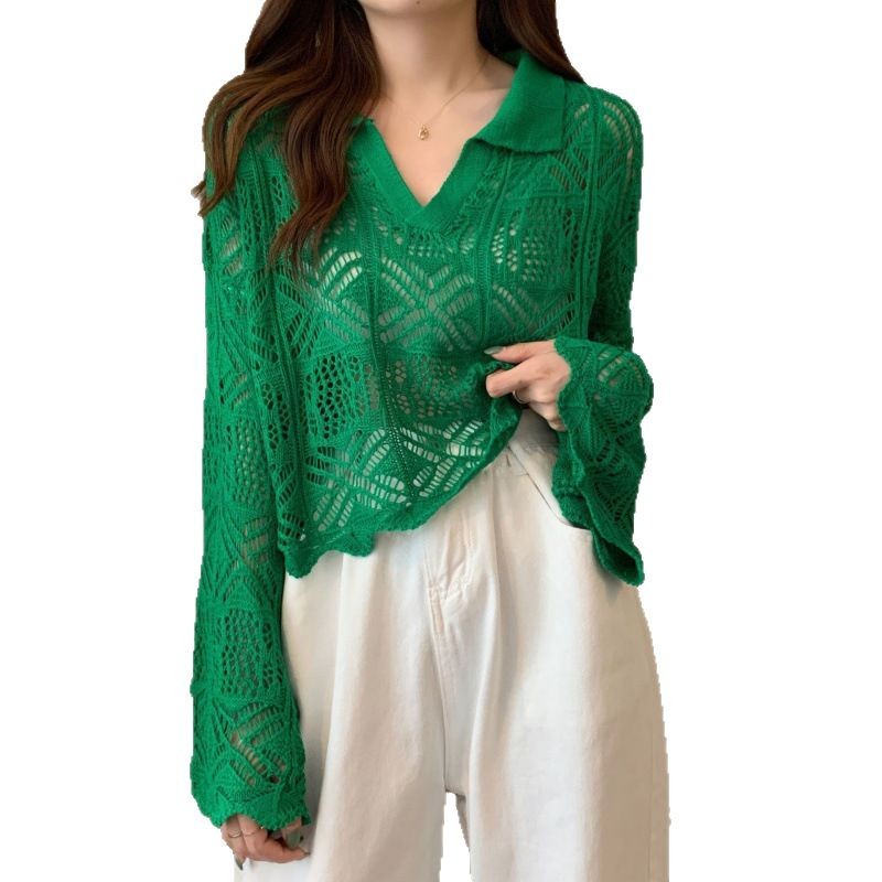2024 verano agujero camisa de punto camisa de mujer con camisa de protección solar de cintura alta camisa corta suéter de manga larga camisa