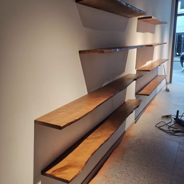 一字隔板置物架实木无痕书架墙壁架原木层板背景墙艺术鞋包壁挂架