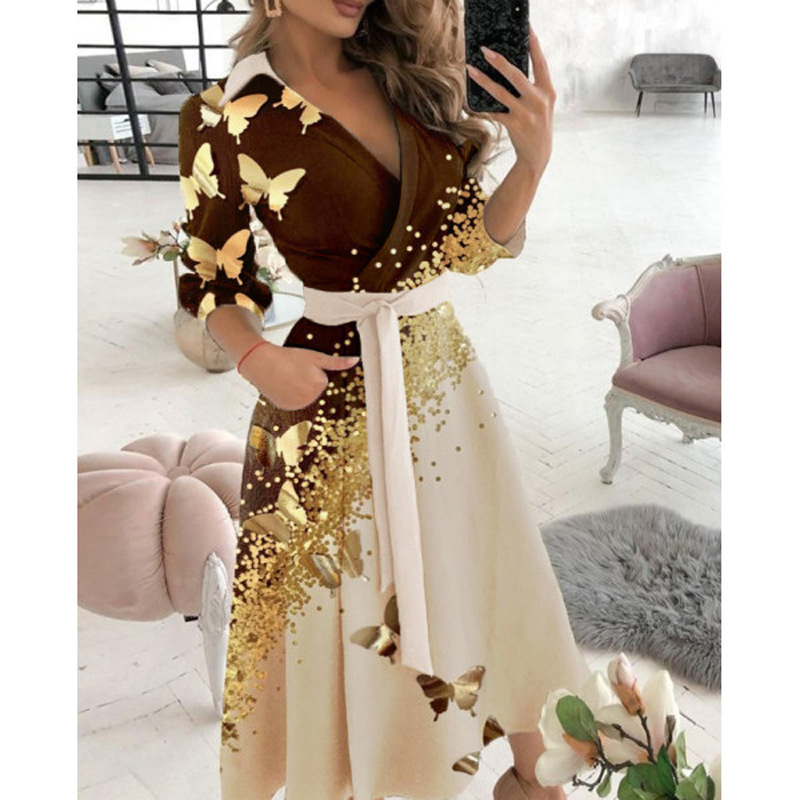 2025欧美外贸跨境女装连衣裙女士优雅蝴蝶星光印花连衣裙