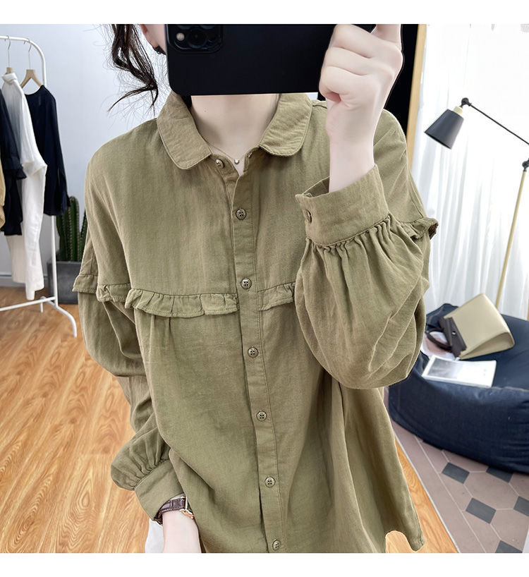Women's Cotton Linen Blouse With Ruffles And Lantern Sleeves_voghion.com