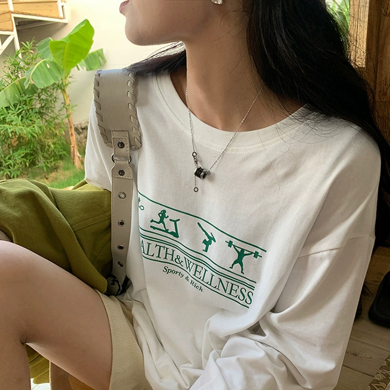 Футболка с длинным рукавом из хлопка с принтом алфавита Женская 2024 осень и зима новая свободная корейская версия тонкая белая нижняя рубашка ins прилив