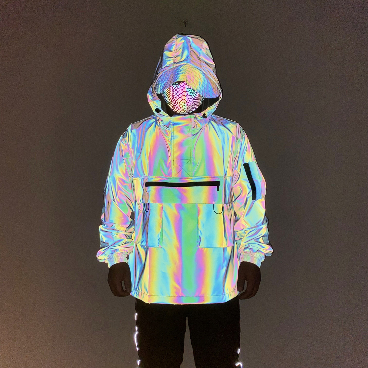 Men's Clothing multi pocket tactical functional style colorful reflective workwear jacket couple loose assault jacket hooded jacket_voghion.com