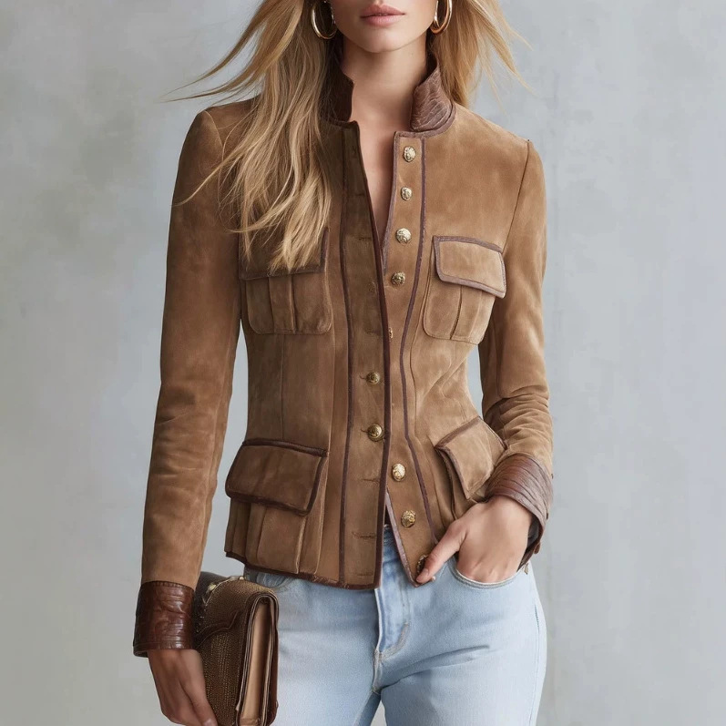 European and American cross-border independent brand women's retro casual brown slim-fit jacket European and American cross-border independent brand women's retro casual brown slim-fit jacket