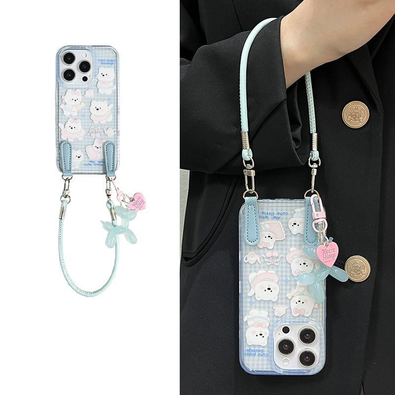 Cute Blue Plaid Puppy Pendant Suitable for Apple 16Promax Phone Case 15Pro New Model 14/13/12/17
