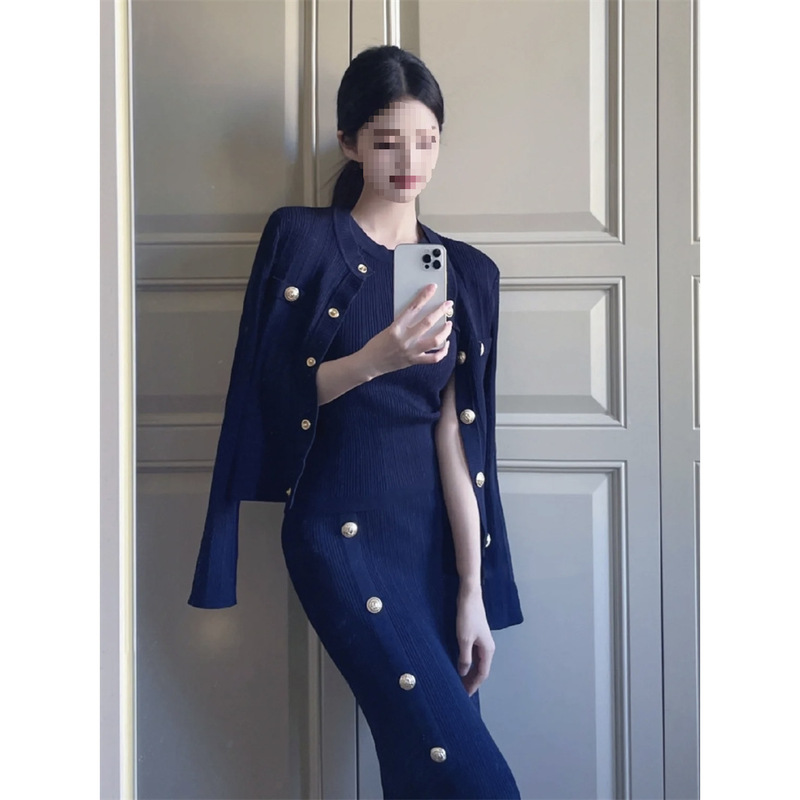 法式高级感小香风套装女气质名媛御姐风针织开衫包臀连衣裙两件套|undefined