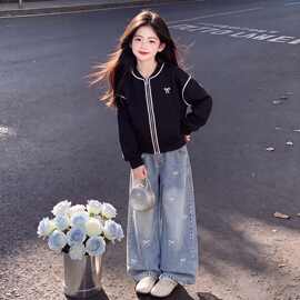 女童春秋季学院风休闲百搭棒球服拉链外套蝴蝶结设计感牛仔裤套装
