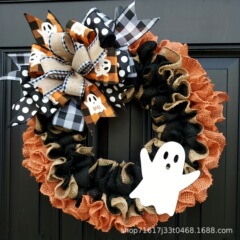 2025年万圣节幽灵蝴蝶结橙色丝带花环跨境亚马逊Halloween Wreath