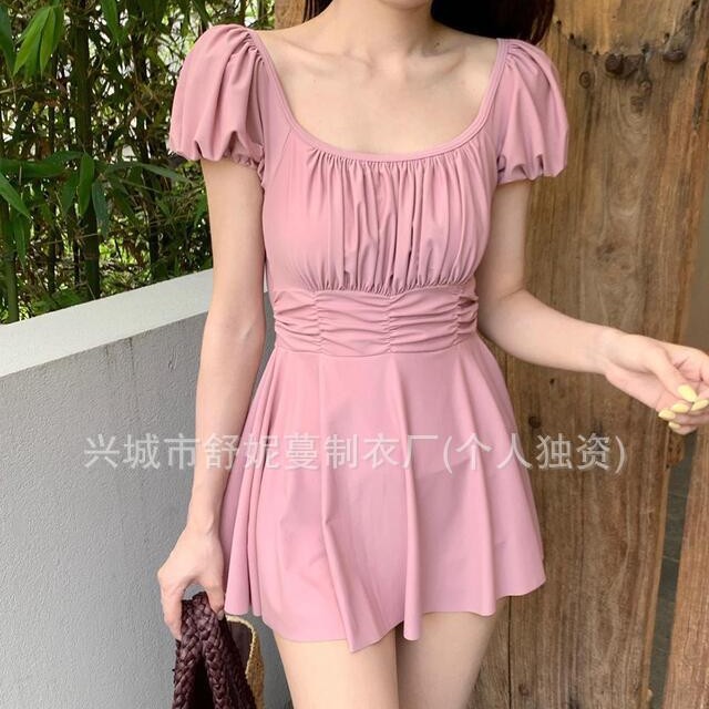 2025韩版新款沙滩显瘦纯色聚拢短袖保守防晒裙式连体泳衣少女清新