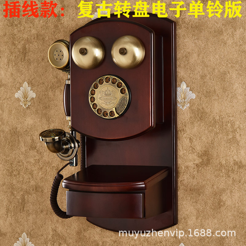 Wall-mounted solid wood rotary retro telephone, wall-mounted home landline, old-fashioned wired decorative telephone.