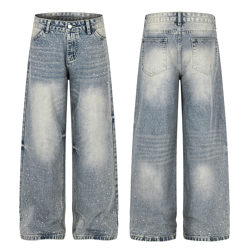 Retro Washed Rhinestone Straight Leg Jeans Loose Fit Casual Versatile Men Women High-End Design Summer Style_viptrois.com
