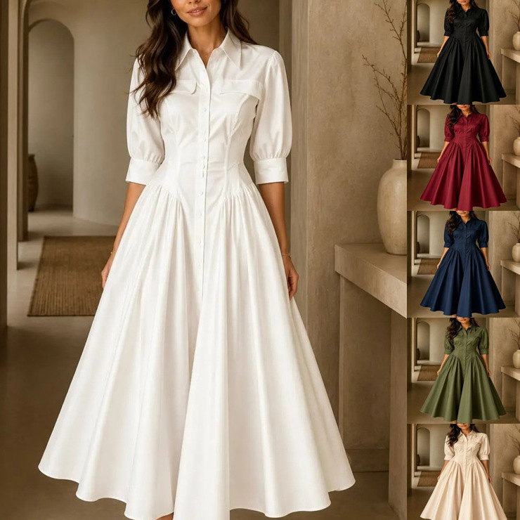 2026 Spring/Summer Cross-Border European and American Amazon Elegant Cotton-Linen Blend Buttoned High-Waist Solid Color Pocket Dress 2026 Spring/Summer Cross-Border European and American Amazon Elegant Cotton-Linen Blend Buttoned High-Waist Solid Color Pocket Dress