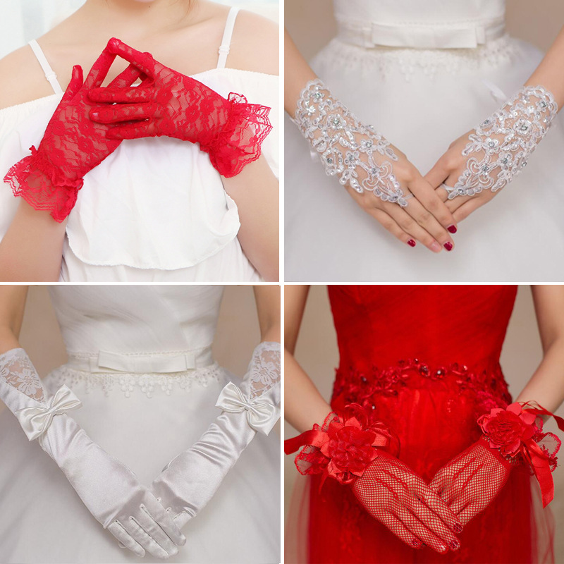 新娘手套蕾丝红色白色结婚手套婚庆婚礼婚纱手套短款长款缎面手套