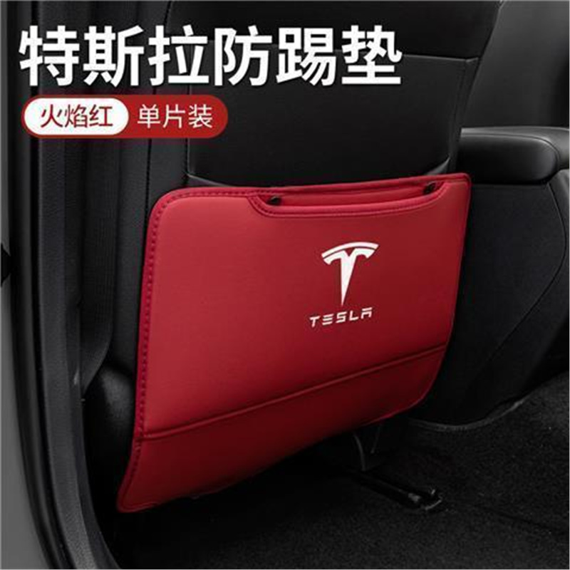 Model 3/Y/X, Tesla Chair back anti-kick pad - tesla-logo-red-seat-anti-kick-pad-single-piece