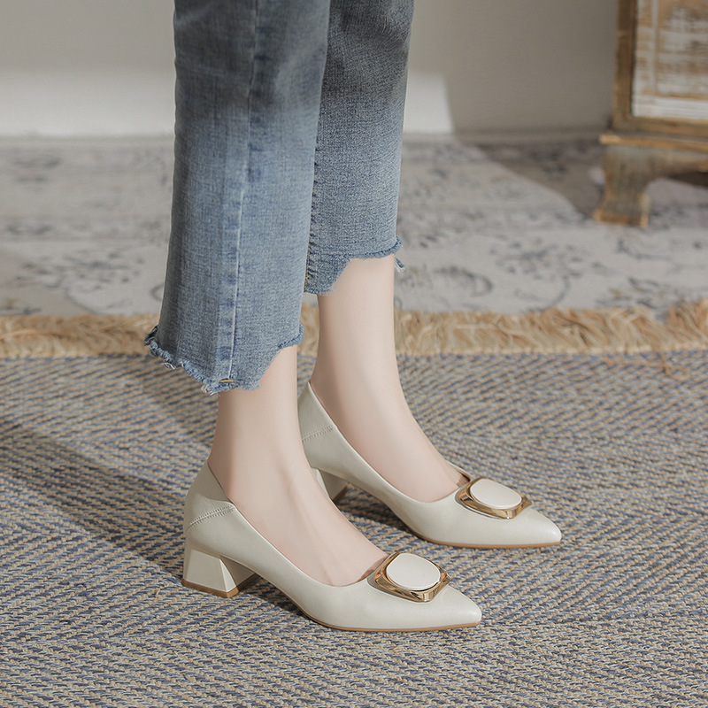 French-Style Rhinestone Genuine Leather Shallow Pointed Toe Block Heel Versatile Commuting Work Women's Shoes Cheongsam Elegant Single Shoes Large Size Women