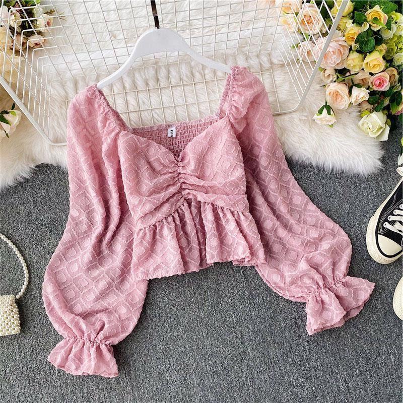 Spring and Summer new western style V-neck open collarbone waist slimming elegant pleated short chiffon shirt two-way solid color top