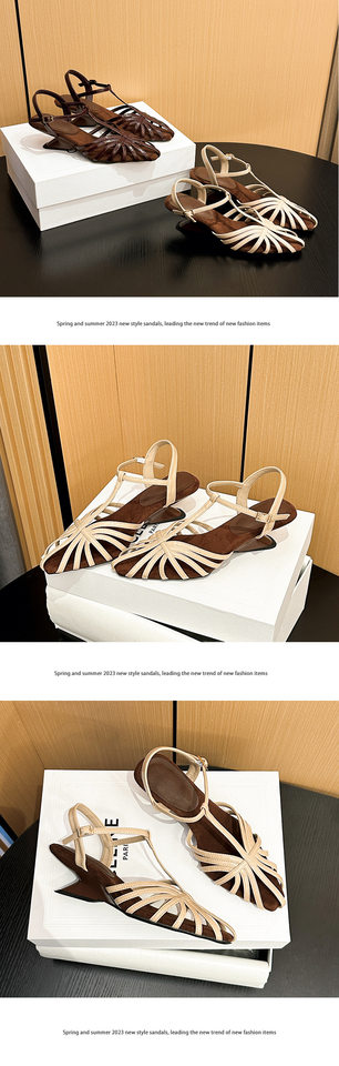 Giày sandal La Mã nữ quai ngang dệt phối gót xuồng mũi nhọn khoét hở gót — Màu be, Màu đỏ rượu chi tiết 6
