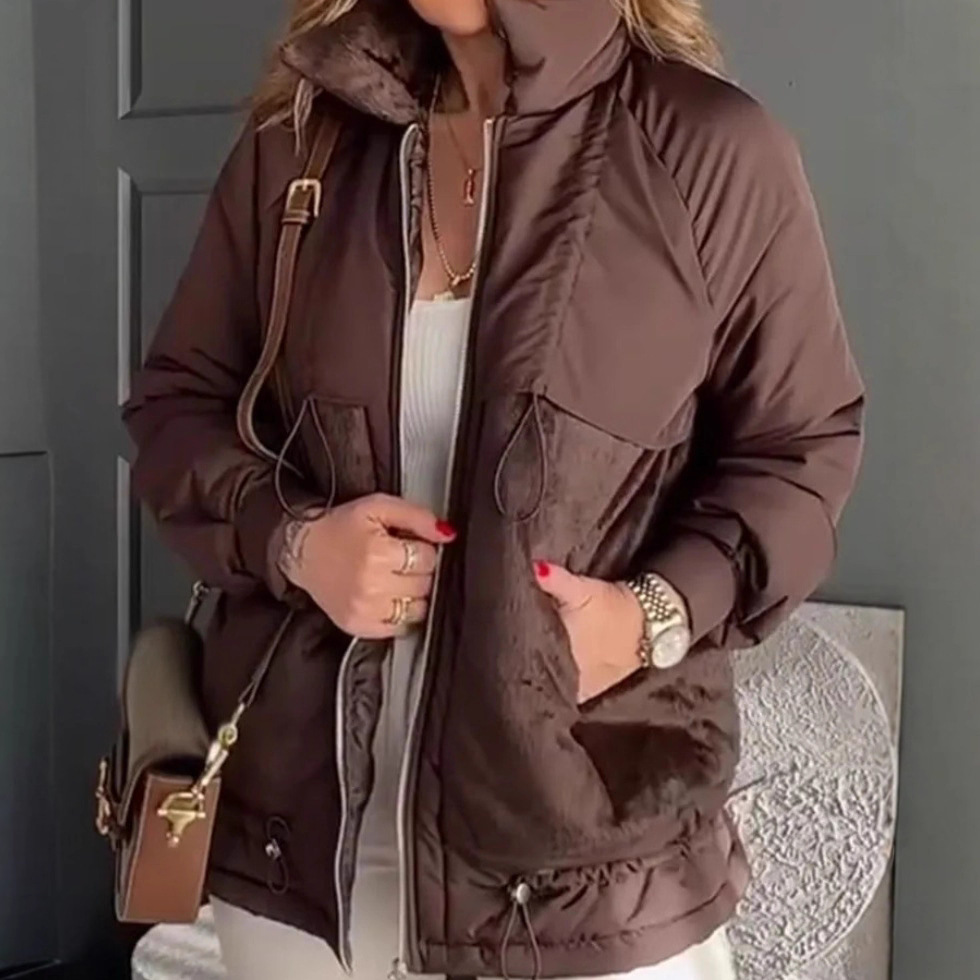 亚马逊欧美跨境短款羽绒棉服女2025新款时尚休闲拼色立领棉服外套