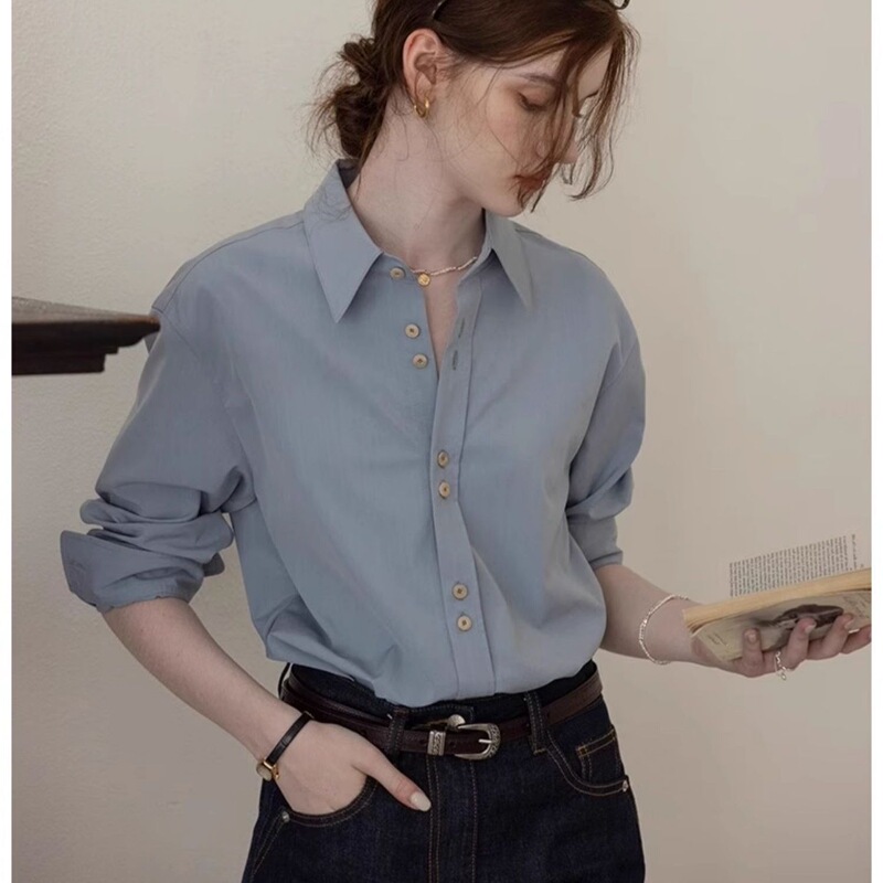 French-Style Commuter Blue Shirt for Women, New Spring Design with Embroidered Back, Layered Wear Inner Shirt
