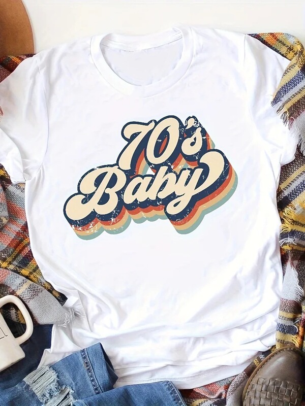Women's 70S Retro Pattern Printed Casual T-Shirt Black Round Neck Short-Sleeved T-Shirt Sportswear Comfortable Ladies Summer