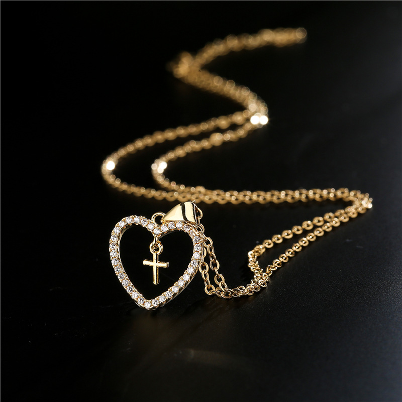 Fashion Copper Micro-inlaid Zircon Jewelry New Gold Heart Cross Pendant Necklace display picture 5