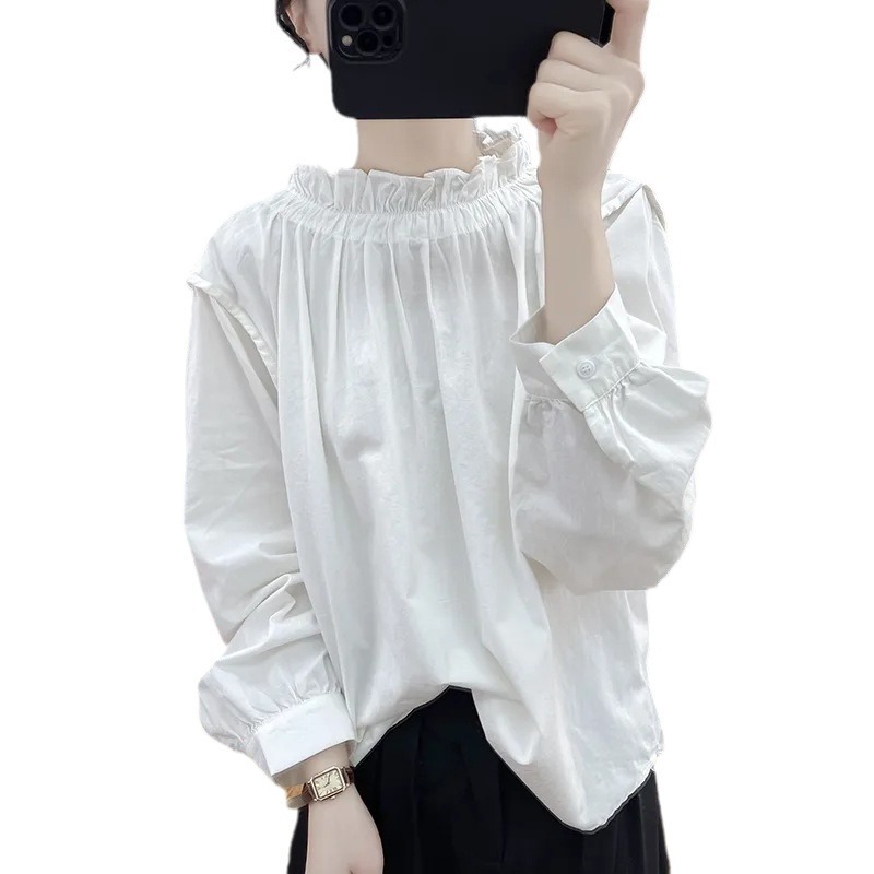 プルオーバー長袖ゆったりカバーTシャツ春夏フリル襟ランタンスリーブ綿麻長袖レディースおしゃれ年齢軽減トップス|undefined