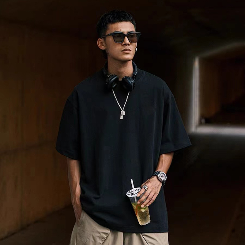 230g camiseta de manga corta hombre cuello pequeño cuello redondo algodón suelto hip-hop estilo lesbiano americano camiseta de hombro de moda