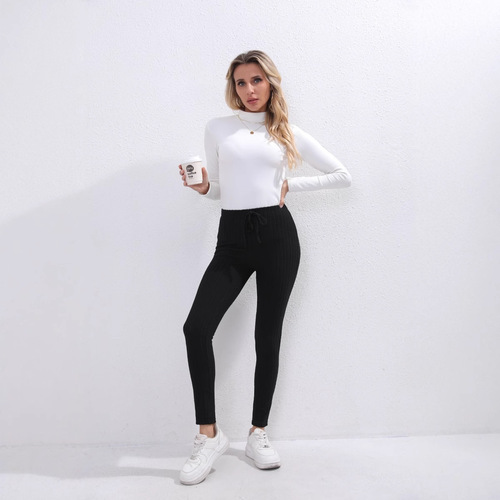 2024 Women's New Cross-border Bestselling Casual Loose Stretch Waist Ribbed Knit Drop Sensation Straight Leg Pants