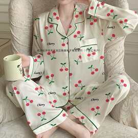春秋季新款高级感ins风樱桃字母睡衣女仿真丝婚庆家居服套装
