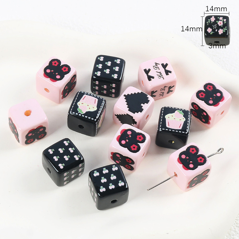 12/14mm亚克力卡通豹纹数字碎花方块串珠DIY儿童创意盲盒珠饰品|undefined