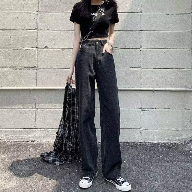 High waist wide leg jeans women's straight loose black 2023 new spring and autumn slimming small mop long pants