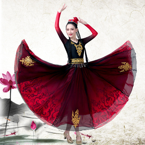 Women's black red gradient xinjiang dance dresses chinese folk xinjiang uygur dance costumes female performance clothing full-skirted dress