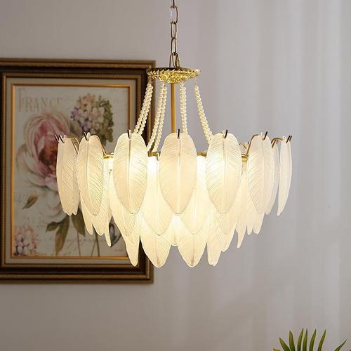 French-style vintage feather and crystal chandelier: Full-spectrum, eye-friendly American mid-century pearl pendant light for bedrooms, living rooms, and studies
