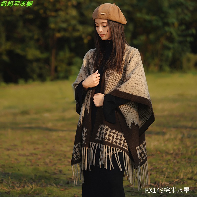 Chaqueta de abrigo de capas de bordas a cuadros franceses de otoño para mujeres con un pequeño chal de lana con una bufalla de abrigo grueso