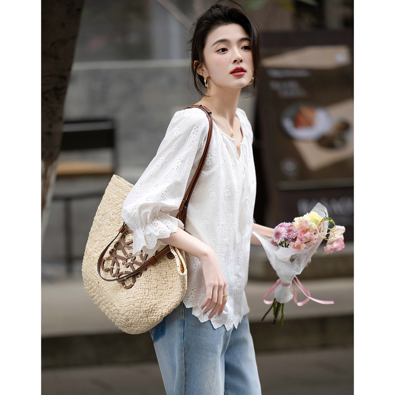 Summer Artistic Cotton Embroidered Shirt Lace-up Tassel Shirt Women's Top