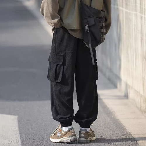 Japanese corduroy work pants for men, autumn American casual retro multi-pocket high street loose plus-size tie-up pants