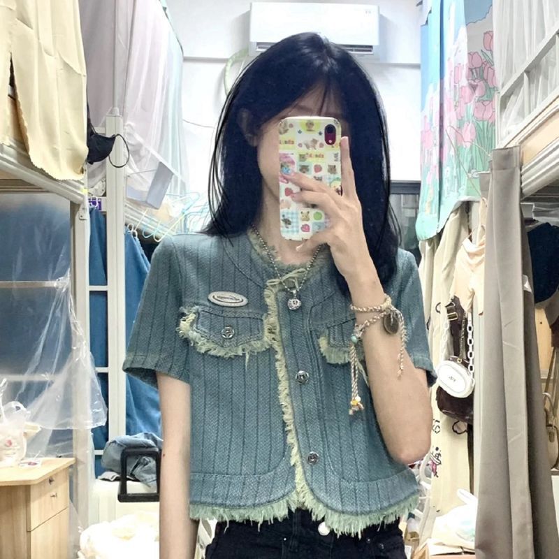 Chanel-Style Tassel Denim Short Jacket for Women, Summer Trendy Retro Casual Regular Shoulder Striped Washed Short-Sleeve Shirt
