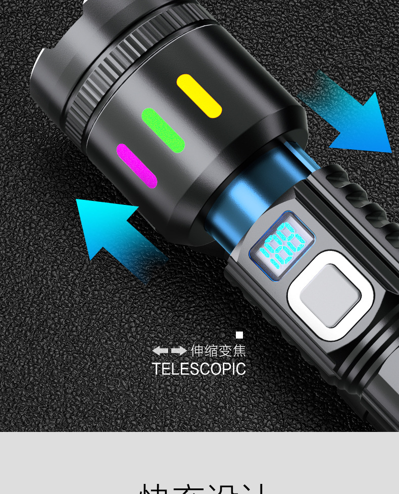 Cross-Border Outdoor High-Intensity Flashlight, White Laser Aluminum Alloy Flashlight, Long-Lasting Battery, Electric Display, Zoomable Handheld Flashlight
